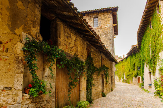 Perouges, France, a medieval walled town, a popular touristic attraction.