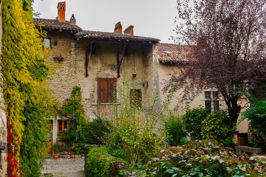 Architecture of Perouges, France, a medieval walled town, a popular touristic attraction.