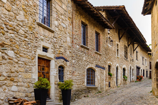 Architecture of Perouges, France, a medieval walled town, a popular touristic attraction.