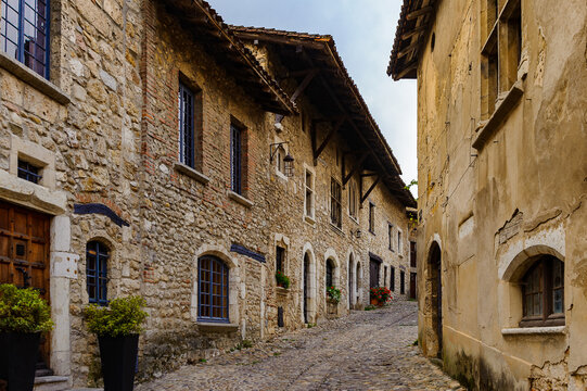 Architecture of Perouges, France, a medieval walled town, a popular touristic attraction.