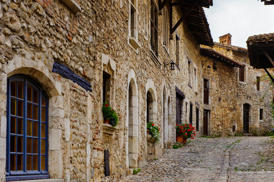 Architecture of Perouges, France, a medieval walled town, a popular touristic attraction.