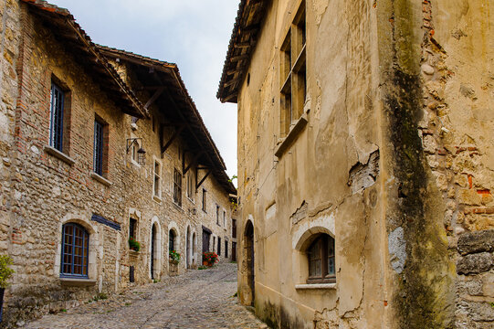 Architecture of Perouges, France, a medieval walled town, a popular touristic attraction.