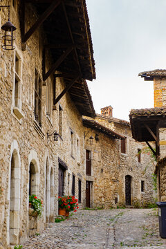 Architecture of Perouges, France, a medieval walled town, a popular touristic attraction.