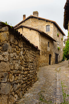 Architecture of Perouges, France, a medieval walled town, a popular touristic attraction.