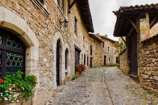 Architecture of Perouges, France, a medieval walled town, a popular touristic attraction.