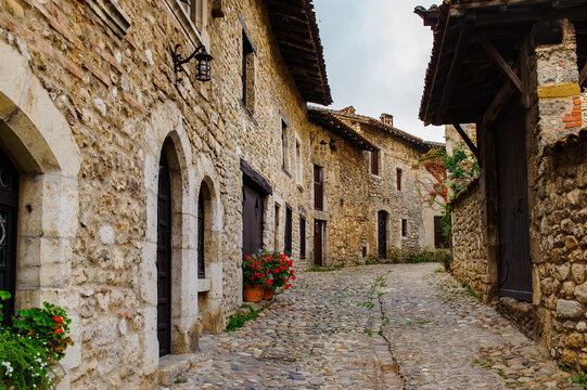 Architecture of Perouges, France, a medieval walled town, a popular touristic attraction.