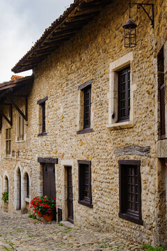 Architecture of Perouges, France, a medieval walled town, a popular touristic attraction.