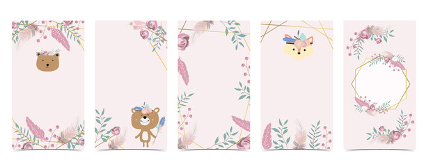 Cute background for social media.Set of instagram story with bear,boho,flower,feather