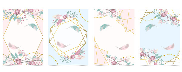 Fototapeta na wymiar Geometry pin gold wedding invitation card with rose,leaf,ribbon,wreath,feather and frame