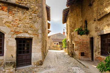 Medieval architecture of Perouges, France, a walled town, a popular touristic attraction.