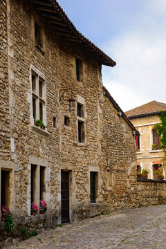 Perouges, France, a medieval walled town, a popular touristic attraction.
