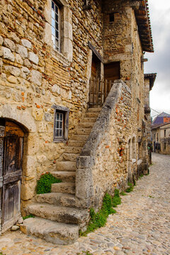 Medieval architecture of Perouges, France, a walled town, a popular touristic attraction.