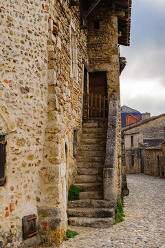 Medieval architecture of Perouges, France, a walled town, a popular touristic attraction.