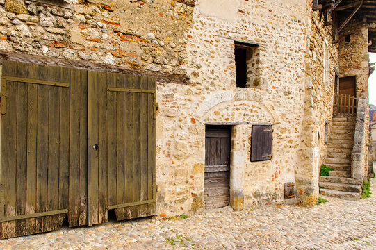 Medieval architecture of Perouges, France, a walled town, a popular touristic attraction.