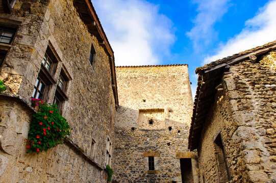 Medieval architecture of Perouges, France, a walled town, a popular touristic attraction.