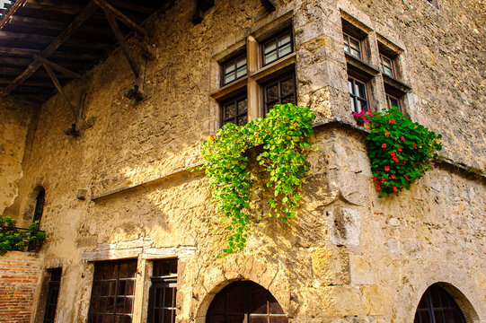 Medieval architecture of Perouges, France, a walled town, a popular touristic attraction.