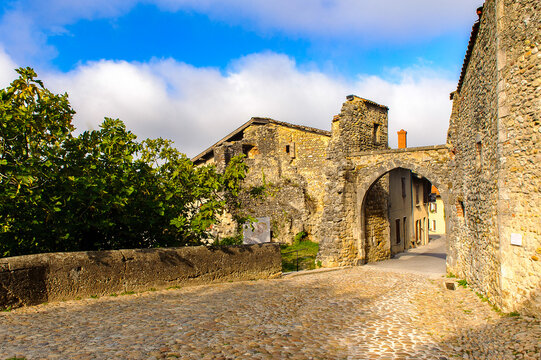 Medieval architecture of Perouges, France, a walled town, a popular touristic attraction.