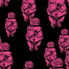 Seamless abstract pattern with silhouettes of Venus of Willendorf. Figurines of Paleolithic fertility goddess. Female archetype of Great Mother. © Olena