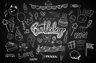 Happy Birthday background. Hand-drawn Birthday sets, party blowouts, party hats, gift boxes and bows. vector illustration chalk texture isolated on black background