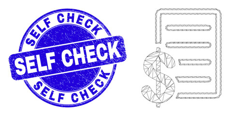 Web mesh price list icon and Self Check stamp. Blue vector round distress seal stamp with Self Check text. Abstract carcass mesh polygonal model created from price list pictogram.