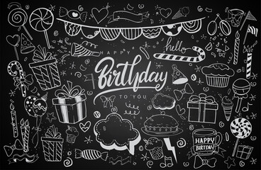 Happy Birthday background. Hand-drawn Birthday sets, party blowouts, party hats, gift boxes and bows. vector illustration chalk texture isolated on black background