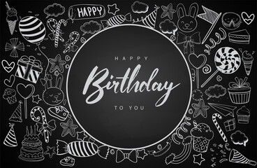 Happy Birthday background. Hand-drawn Birthday sets, party blowouts, party hats, gift boxes and bows. vector illustration chalk texture isolated on black background