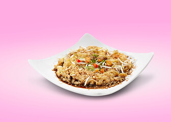 Chinese cuisine made from scrambled eggs mixed with vegetables, meat or seafood. Puyonghai or fu yung hai.