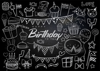 Happy Birthday background. Hand-drawn Birthday sets, party blowouts, party hats, gift boxes and bows. vector illustration chalk texture isolated on black background