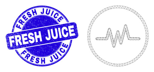 Web carcass pulse signal icon and Fresh Juice seal stamp. Blue vector round scratched stamp with Fresh Juice text. Abstract carcass mesh polygonal model created from pulse signal icon.