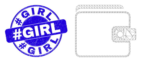 Web mesh purse pictogram and #Girl seal stamp. Blue vector round grunge stamp with #Girl message. Abstract frame mesh polygonal model created from purse pictogram.