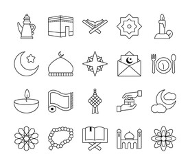 Eid mubarak line style icon set vector design