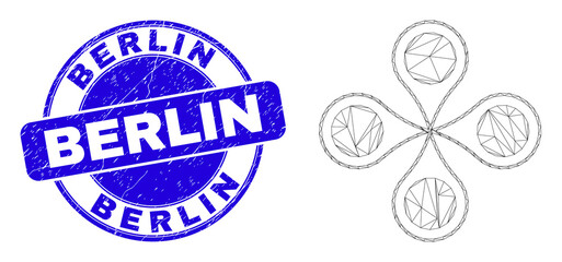 Web mesh quadrocopter pictogram and Berlin watermark. Blue vector rounded distress seal with Berlin phrase. Abstract frame mesh polygonal model created from quadrocopter pictogram.