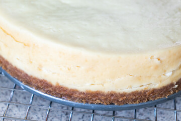 A freshly baked, homemade cheesecake cooling on a wire rack.