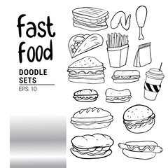 Set of hand drawn food isolated on white background, doodle set of fast food. Vector illustration