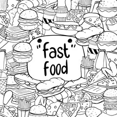 Set of hand drawn food isolated on white background, doodle set of fast food. Vector illustration