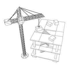 Building under construction with crane. Build house construct in process. Wireframe low poly mesh vector illustration