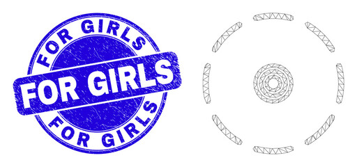 Web mesh round perimeter icon and For Girls seal stamp. Blue vector round grunge stamp with For Girls message. Abstract frame mesh polygonal model created from round perimeter icon.