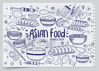 Cartoon cute hand drawn Japan food seamless pattern. Line art with lots of objects background. Endless funny vector illustration. Sketchy backdrop with asian cuisine symbols and items