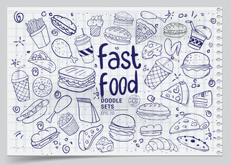 Set of hand drawn food isolated on white background, doodle set of fast food. Vector illustration