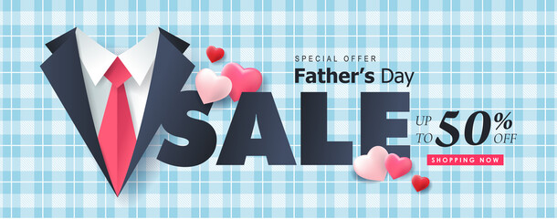 Fototapeta premium Happy Fathers Day Sale banner background.Promotion and shopping template.Vector illustration.