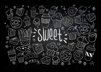 Set of drawings on the theme cakes. Cakes, pies, bread, biscuits and other confectionery products. vector illustration
