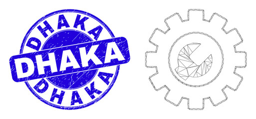 Web mesh setup tools icon and Dhaka seal. Blue vector rounded scratched stamp with Dhaka text. Abstract frame mesh polygonal model created from setup tools icon.