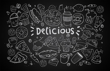 Set of hand drawn food isolated on black background, doodle set of fast food. Vector illustration