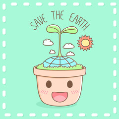 Small planet earth with little growing tree in cute tree pot cartoon hand drawn design. Kawaii cartoon element vector.