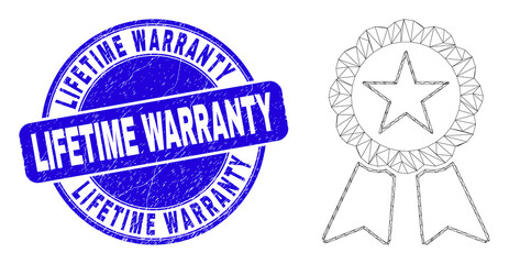 Web mesh star seal icon and Lifetime Warranty seal. Blue vector rounded grunge seal stamp with Lifetime Warranty message. Abstract frame mesh polygonal model created from star seal icon.