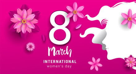 8 March. pink Floral Greeting card. International Happy Women's Day. Paper cut flower pink holiday background with space for text. Trendy Design Template. Vector illustration