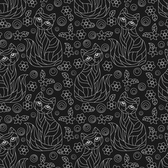 Seamless pattern with contour cats and flowers in stained glass style, light outlines on a dark  background