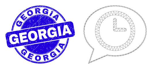Obraz premium Web carcass time message balloon pictogram and Georgia seal. Blue vector round grunge stamp with Georgia caption. Abstract carcass mesh polygonal model created from time message balloon pictogram.