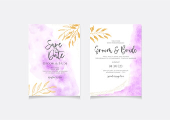 Light purple color wedding invitation card template with golden leaves, glitters and watercolor style background for save the date, invitation or greeting card. Vector design