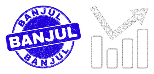 Obraz premium Web mesh trend chart icon and Banjul watermark. Blue vector rounded textured seal stamp with Banjul phrase. Abstract carcass mesh polygonal model created from trend chart icon.